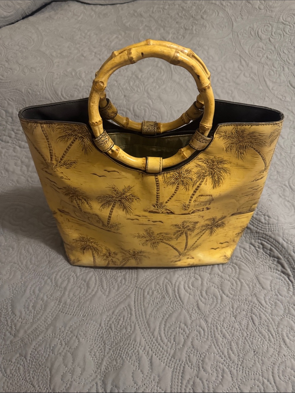 Vintage Caribbean Joe Yellow Palm-Print Tote with Bamboo Ring Handles